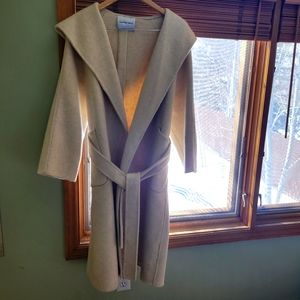 Gentle Herd 100% Cashmere Wrap Coat with back buttons, shawl collar, and hood.